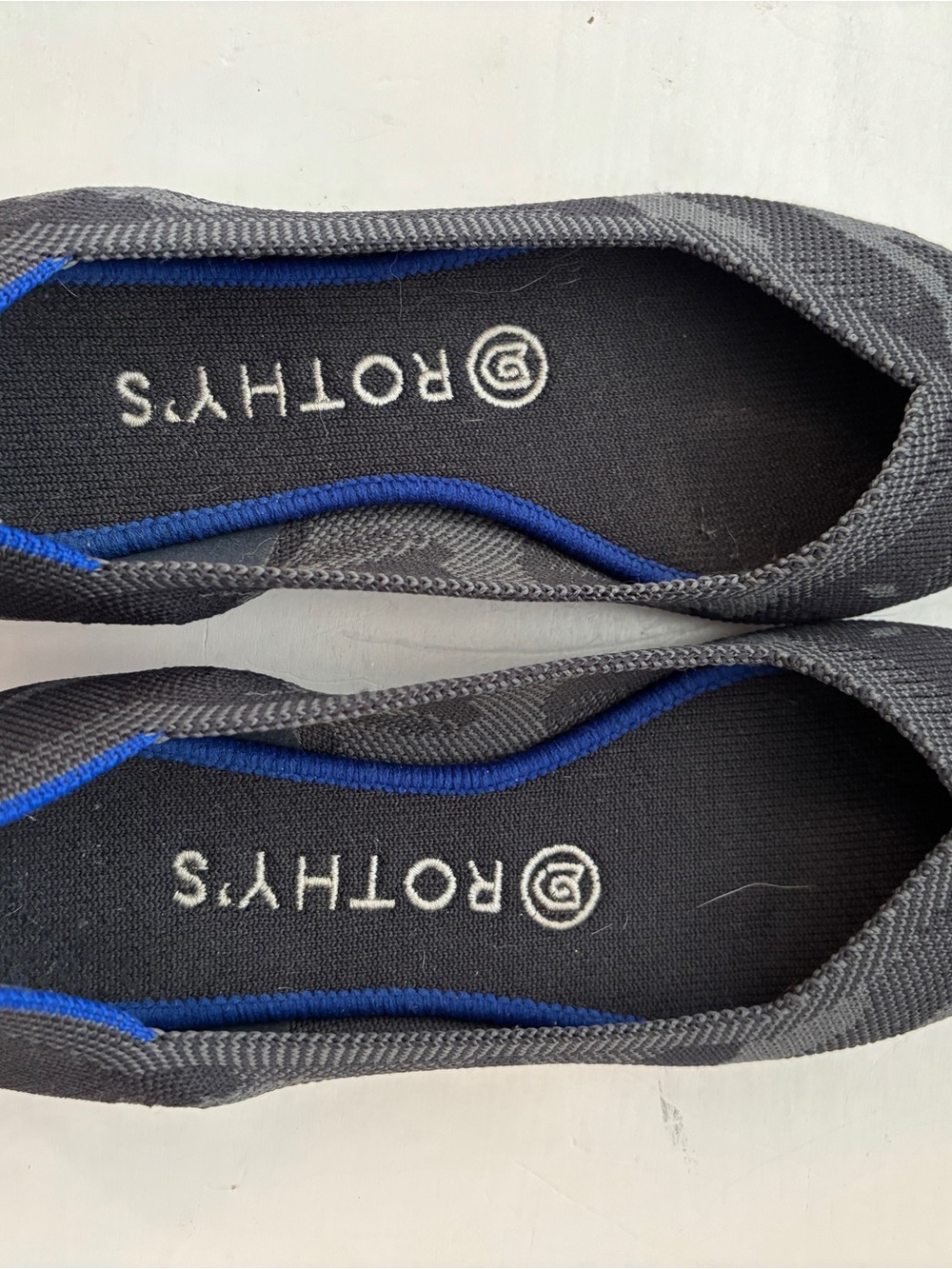 Rothy's Gray Knit Slip-On Flats with Blue Trim